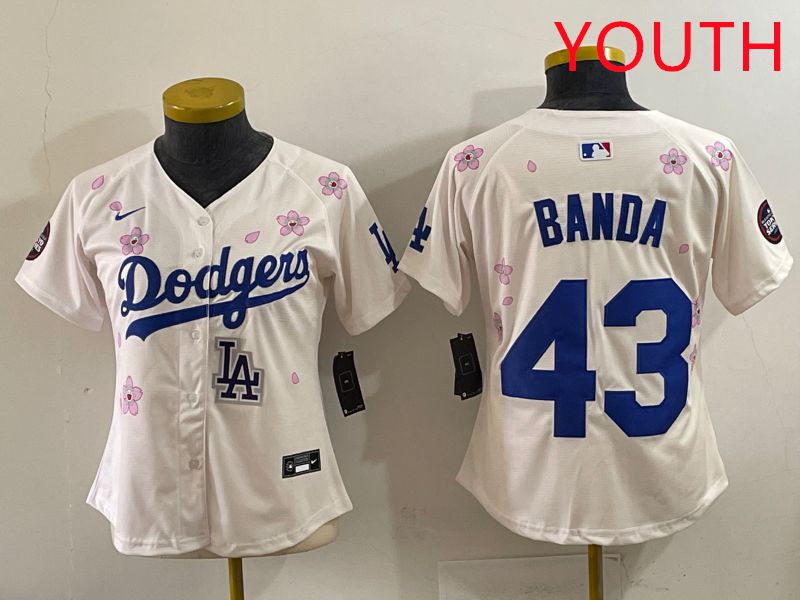 Youth Los Angeles Dodgers #43 Banda Cream Sakura Edition 2025 Nike MLB Jersey style 39
